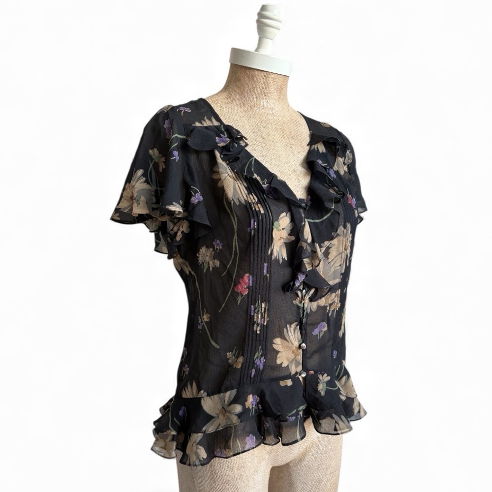 Polo Ralph Lauren 100% Silk Floral Ruffle Blouse Black Sheer Size 6